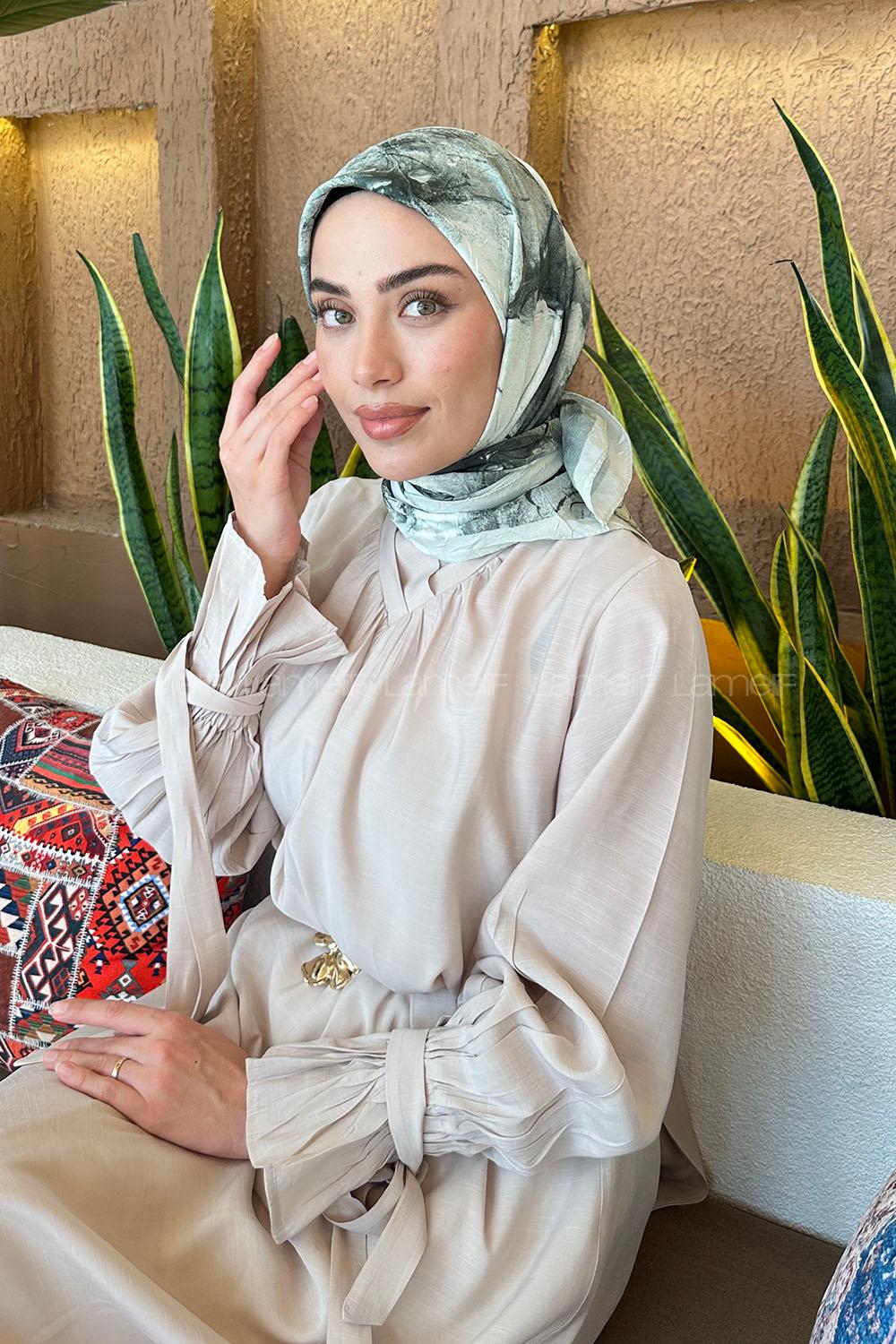 Lamelif Bohem Çiçek Desen Bambu Eşarp Su Yeşili