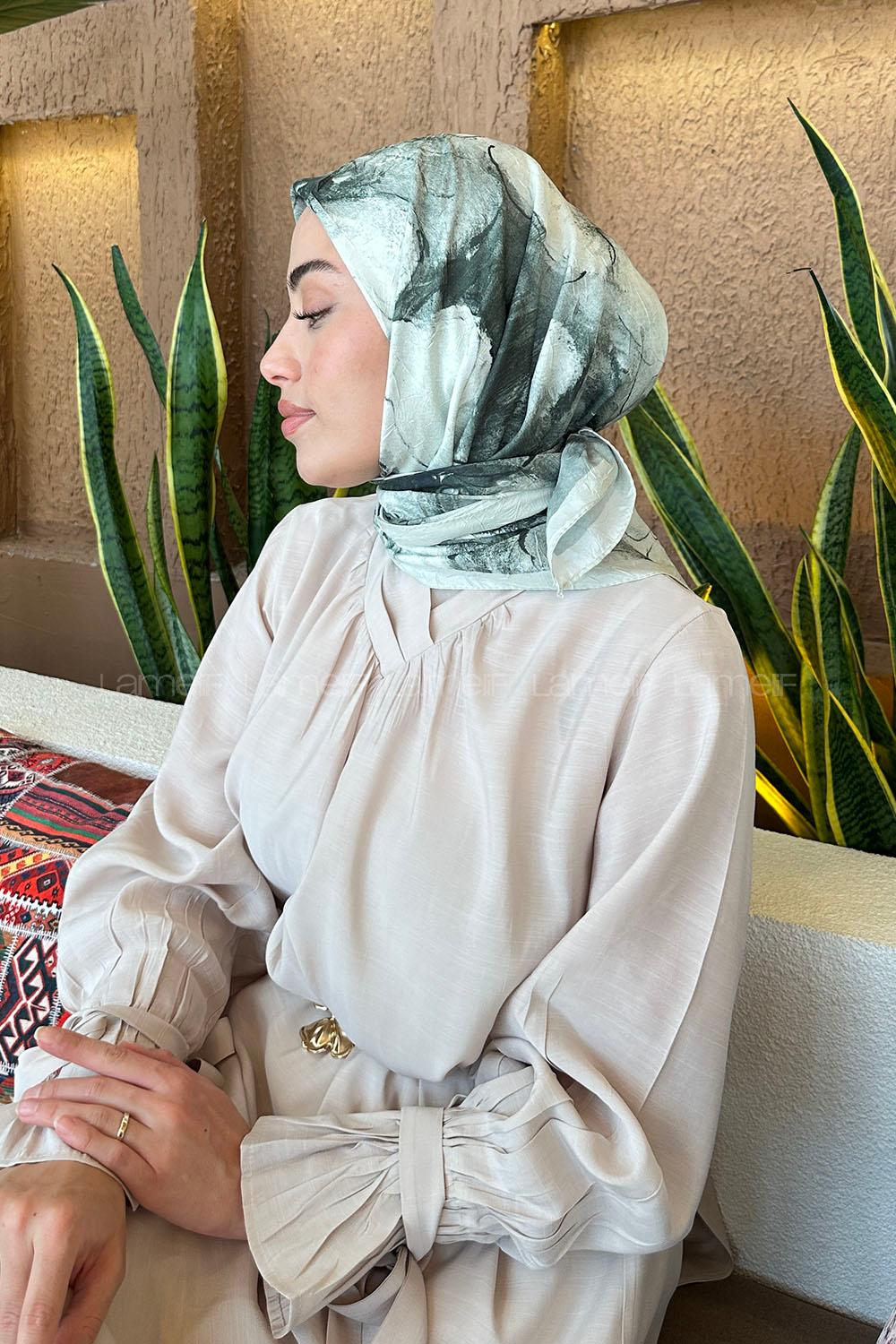 Lamelif Bohem Çiçek Desen Bambu Eşarp Su Yeşili