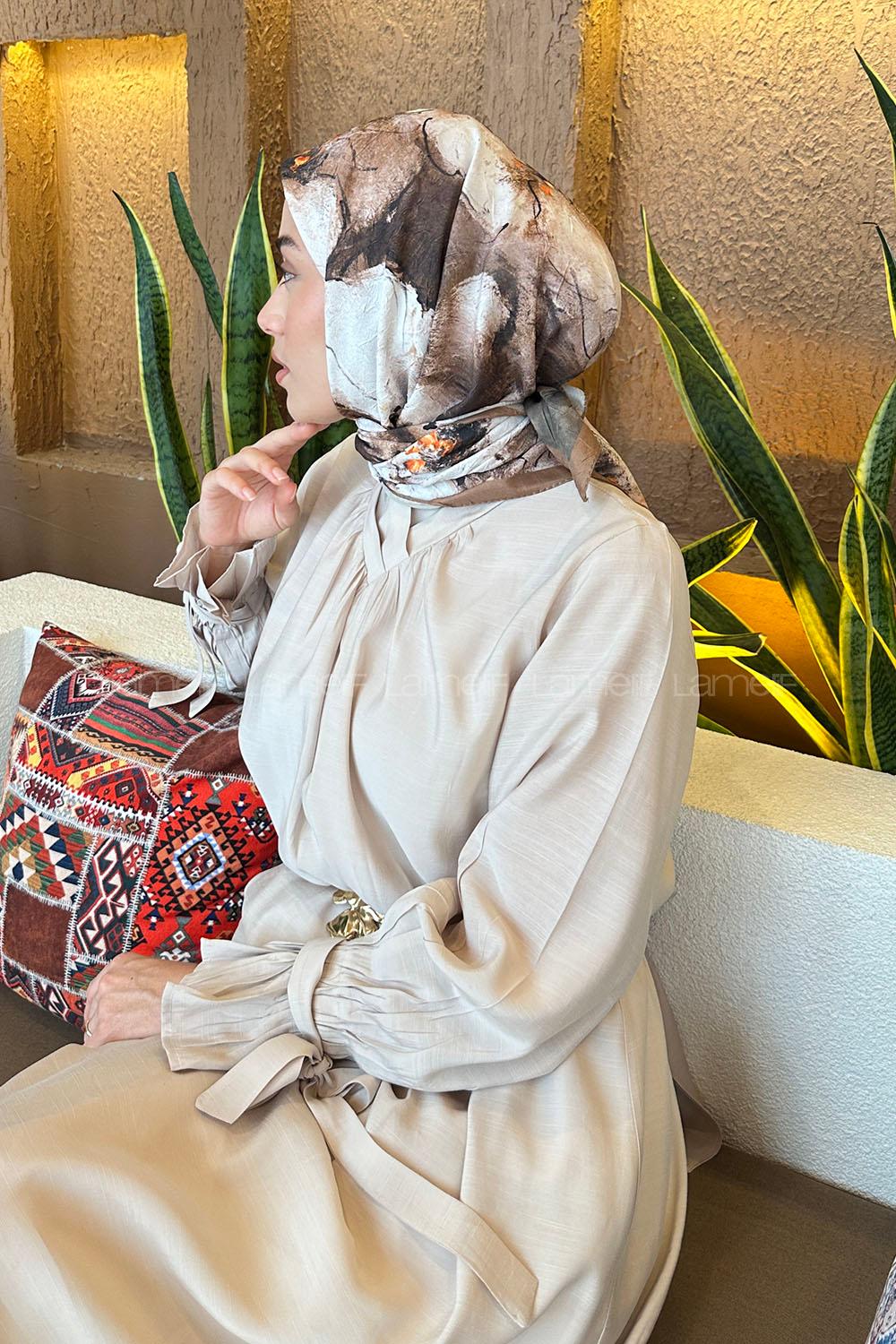 Lamelif Bohem Çiçek Desen Bambu Eşarp Sütlü Kahve