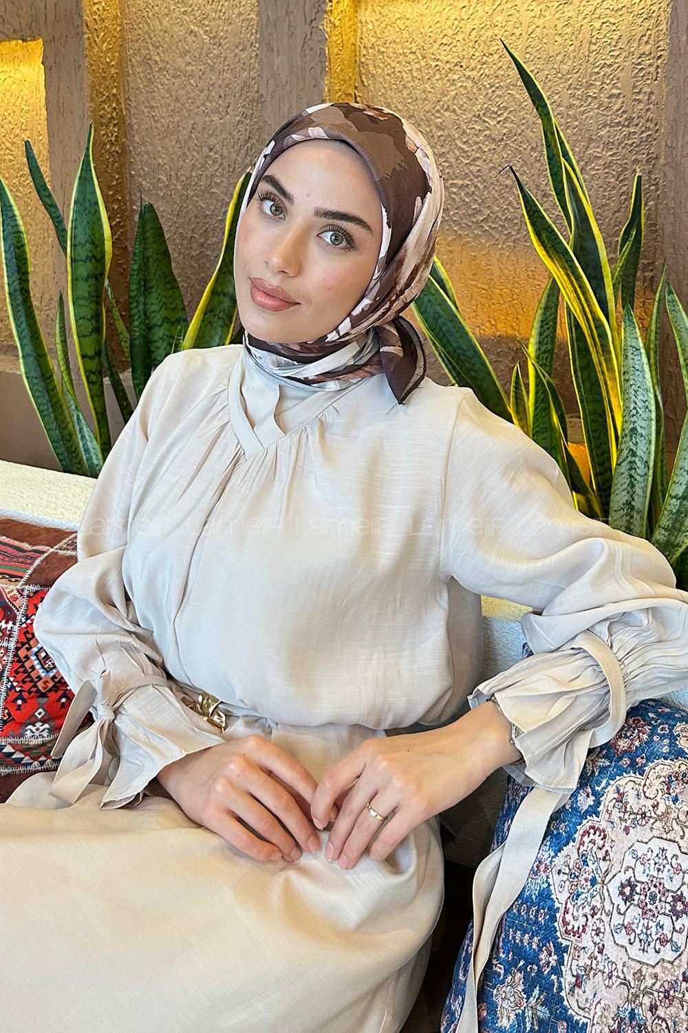 Lamelif Çiçek Desen Bambu Eşarp Acı Kahve