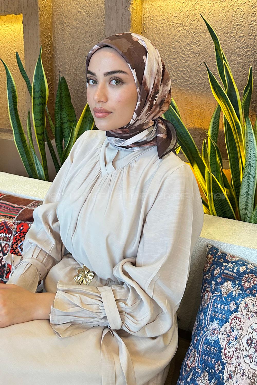 Lamelif Çiçek Desen Bambu Eşarp Acı Kahve