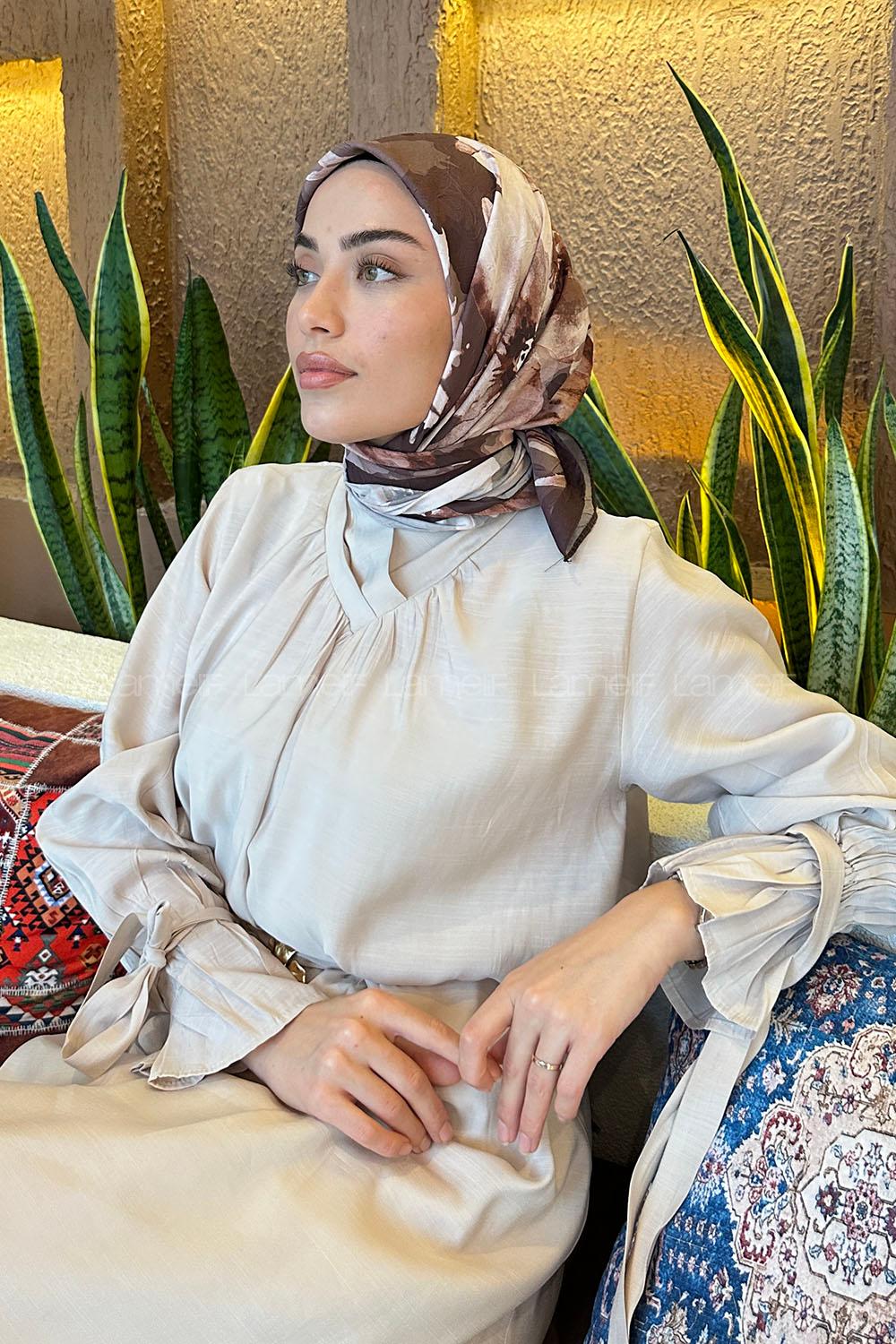 Lamelif Çiçek Desen Bambu Eşarp Acı Kahve