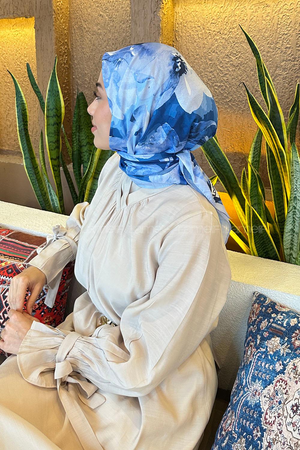 Lamelif Çiçek Desen Bambu Eşarp Bebe Mavisi