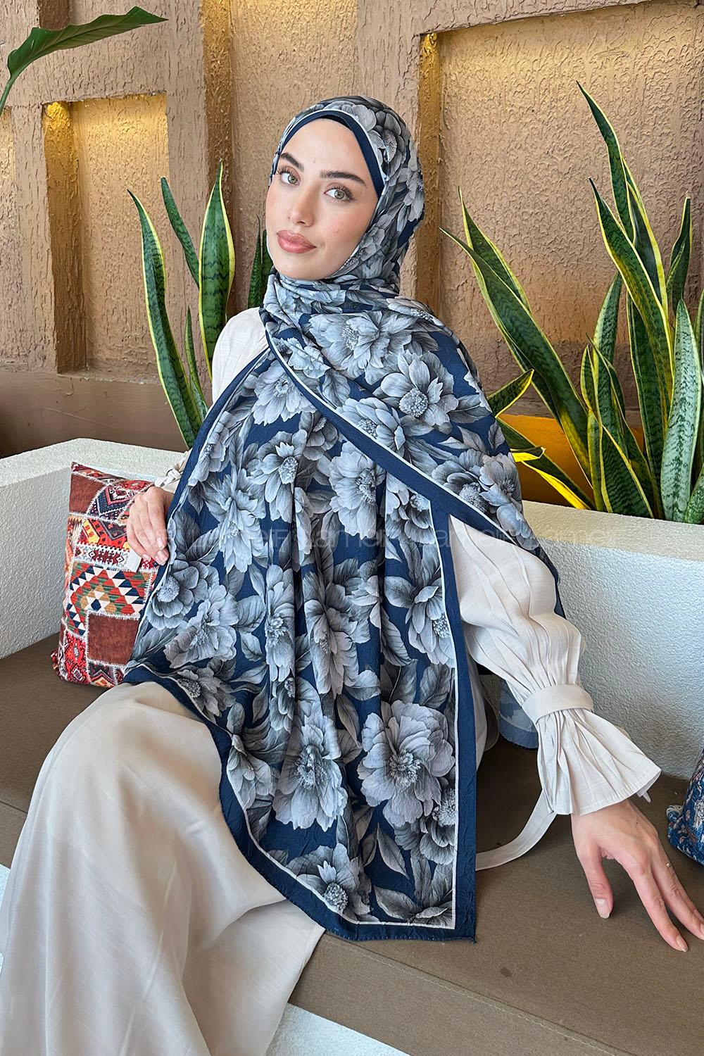 Lamelif Lotus Desen Bambu Şal Gece Mavisi