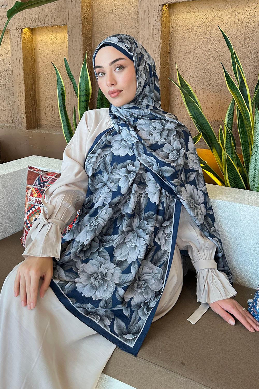 Lamelif Lotus Desen Bambu Şal Gece Mavisi