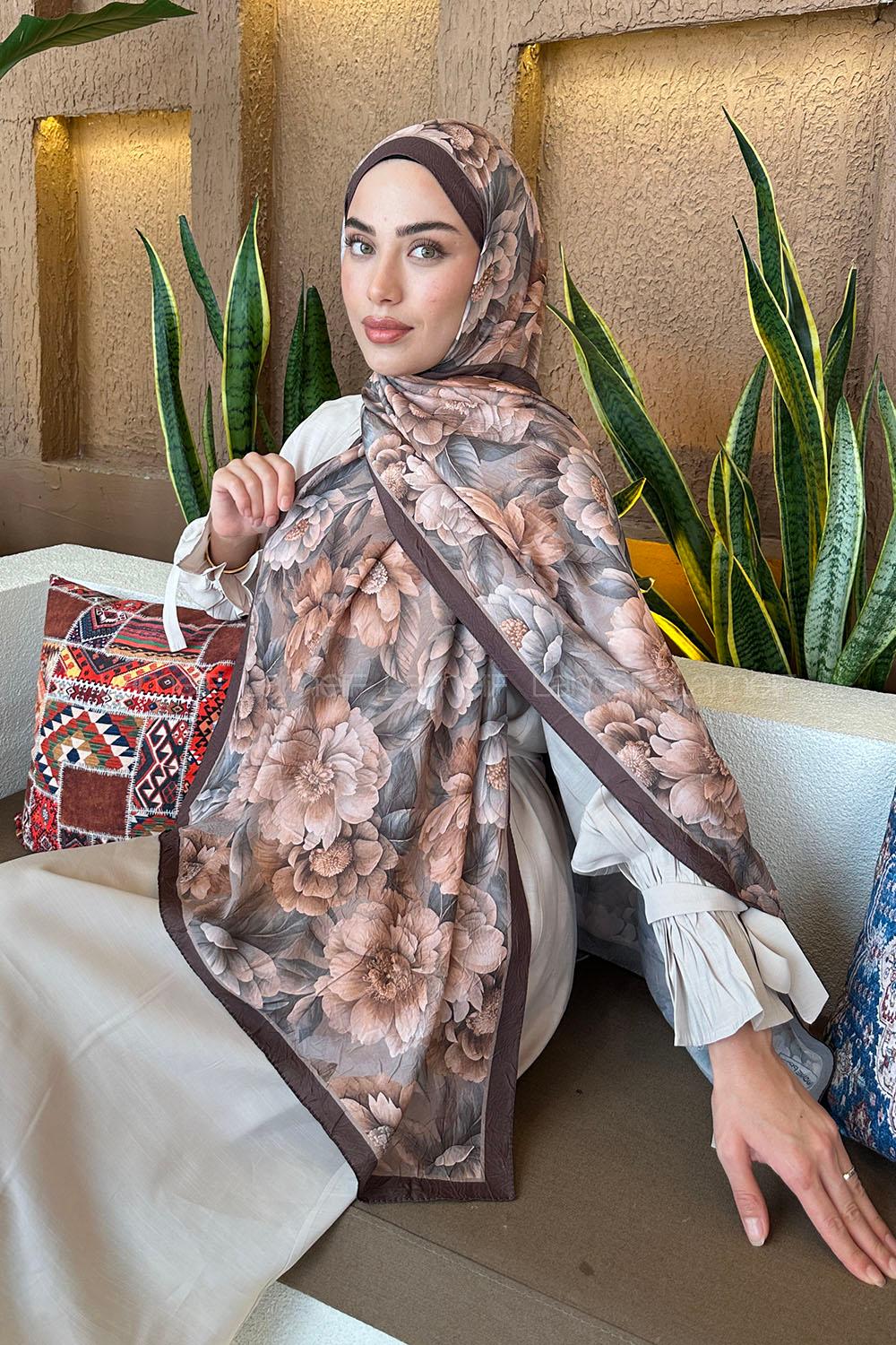 Lamelif Lotus Desen Bambu Şal Kahverengi