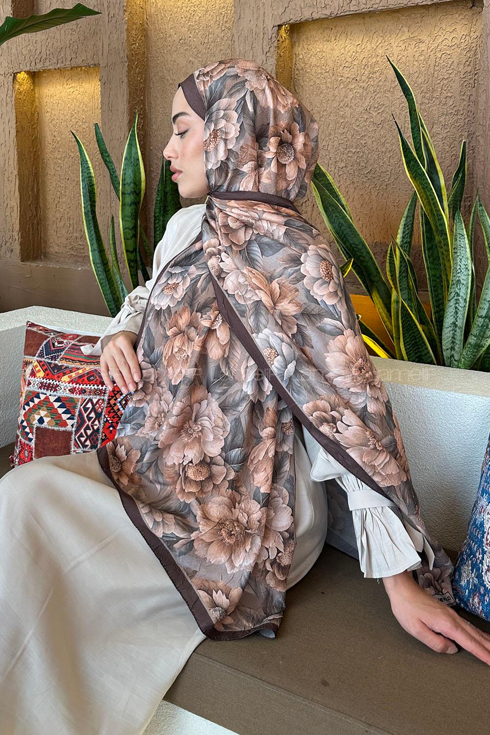 Lamelif Lotus Desen Bambu Şal Kahverengi