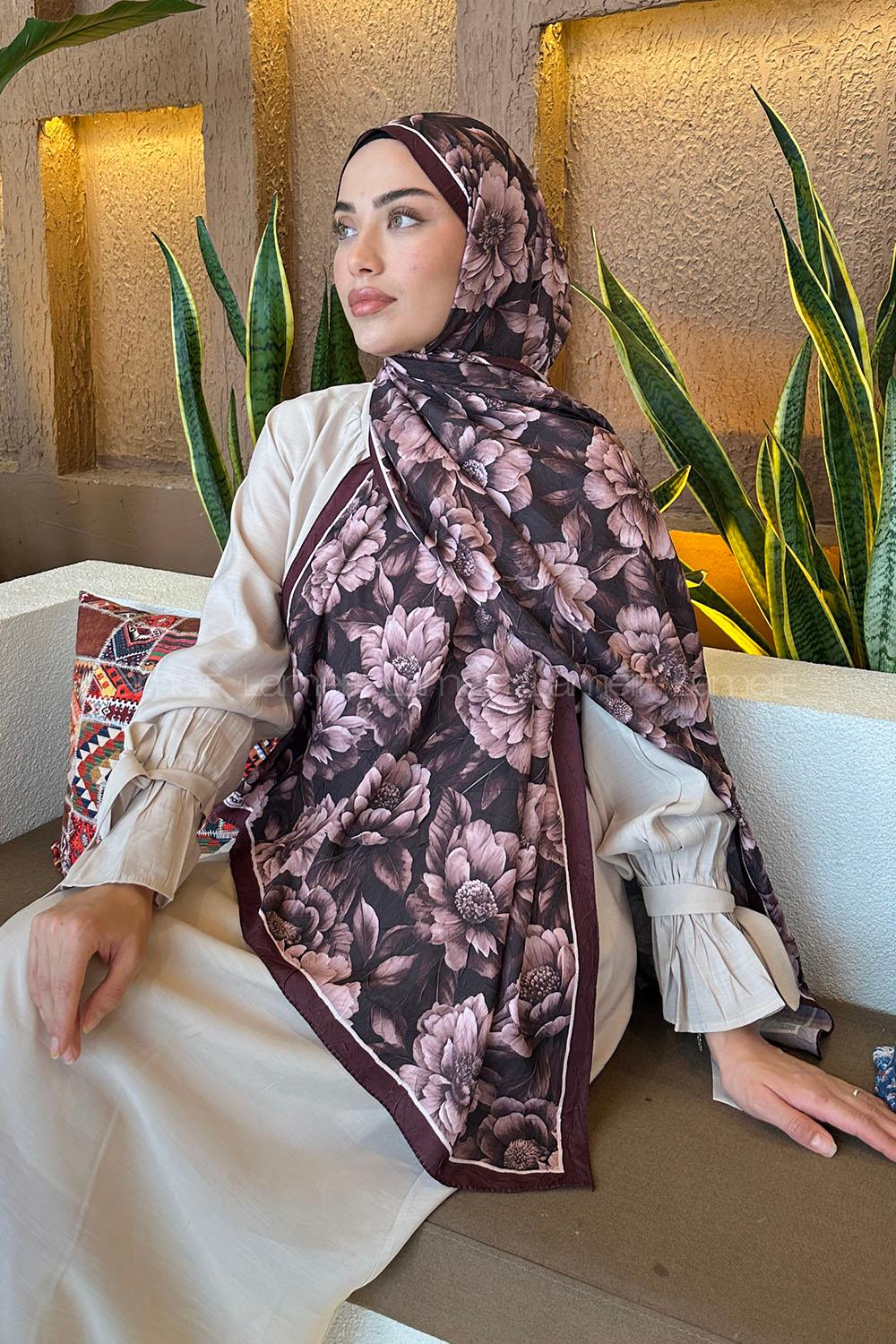 Lamelif Lotus Desen Bambu Şal Koyu Bordo