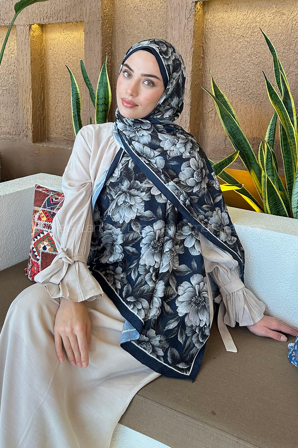 Lamelif Lotus Desen Bambu Şal Lacivert