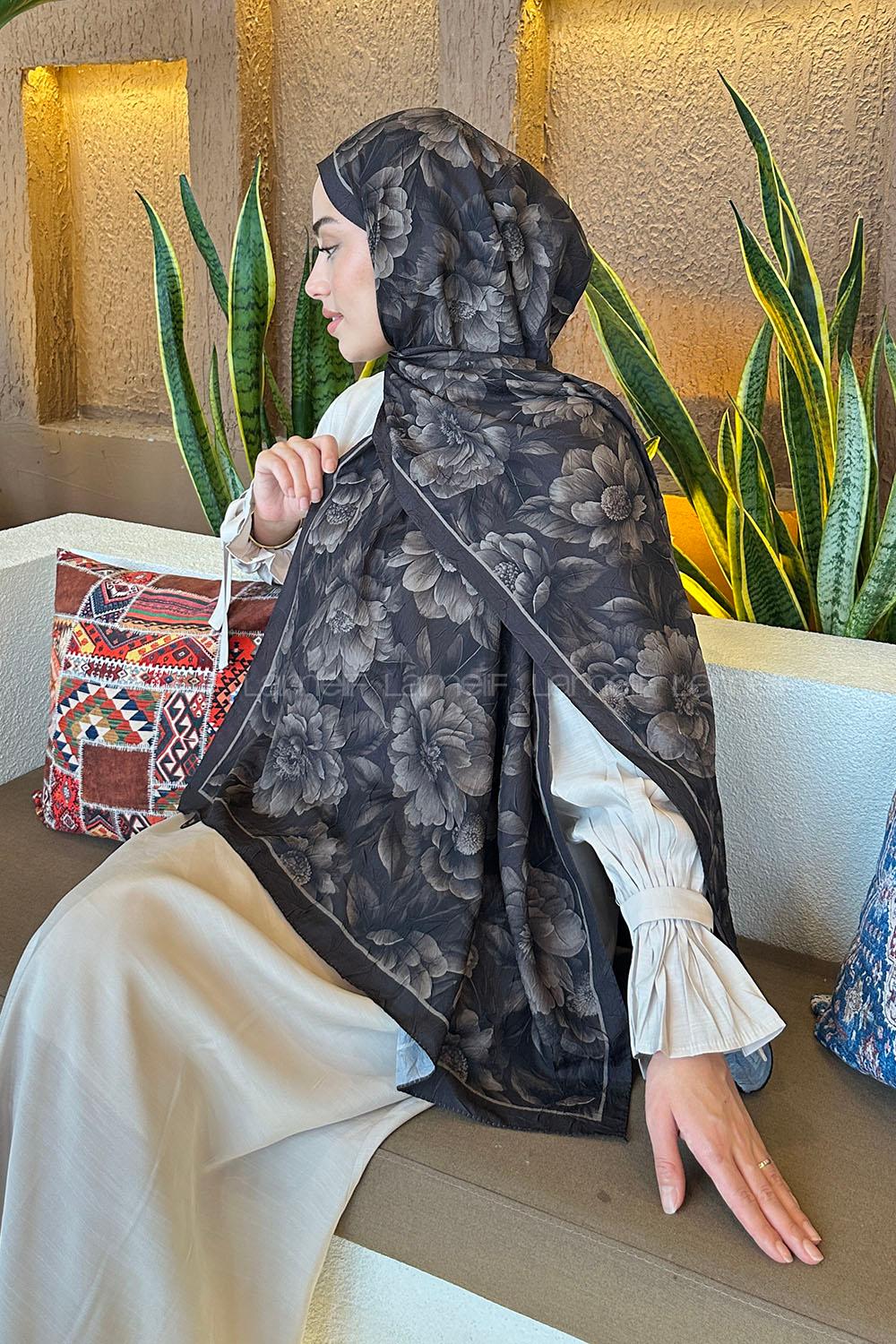 Lamelif Lotus Desen Bambu Şal Siyah