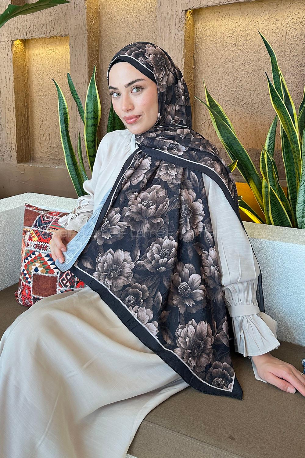 Lamelif Lotus Desen Bambu Şal Siyah Kahverengi