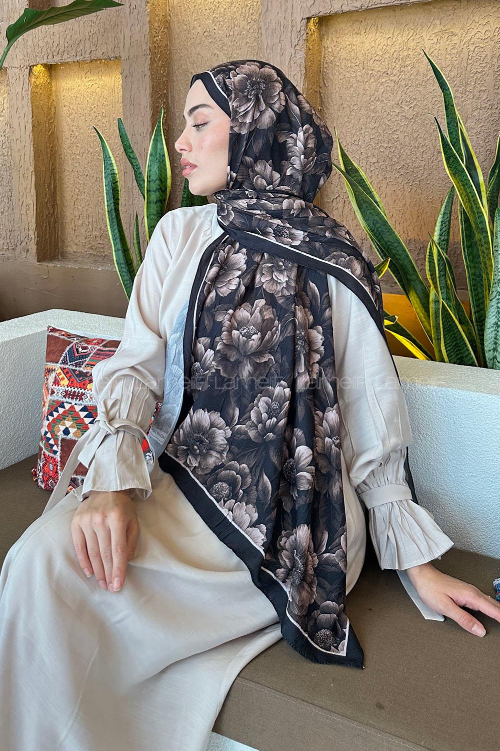 Lamelif Lotus Desen Bambu Şal Siyah Kahverengi