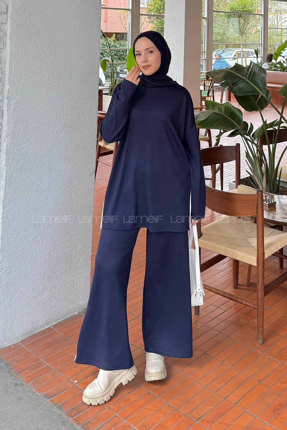 Navy Blue Crew Neck Long Arm Cotton Regular Trousers Comfortable Suit