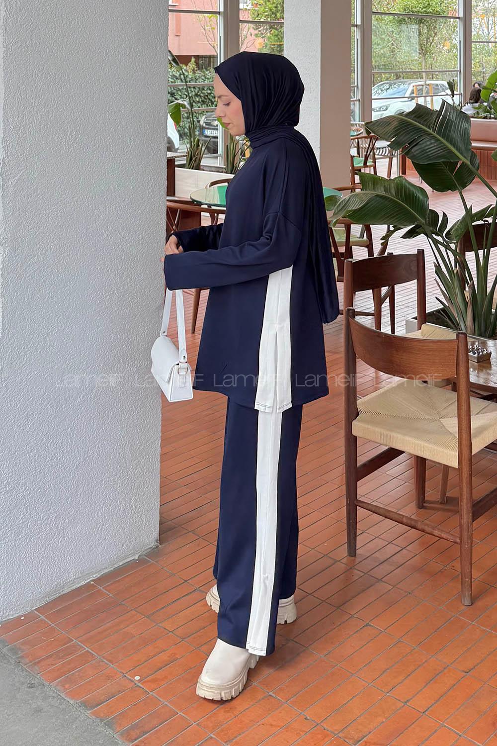 Navy Blue Crew Neck Long Arm Cotton Regular Trousers Comfortable Suit
