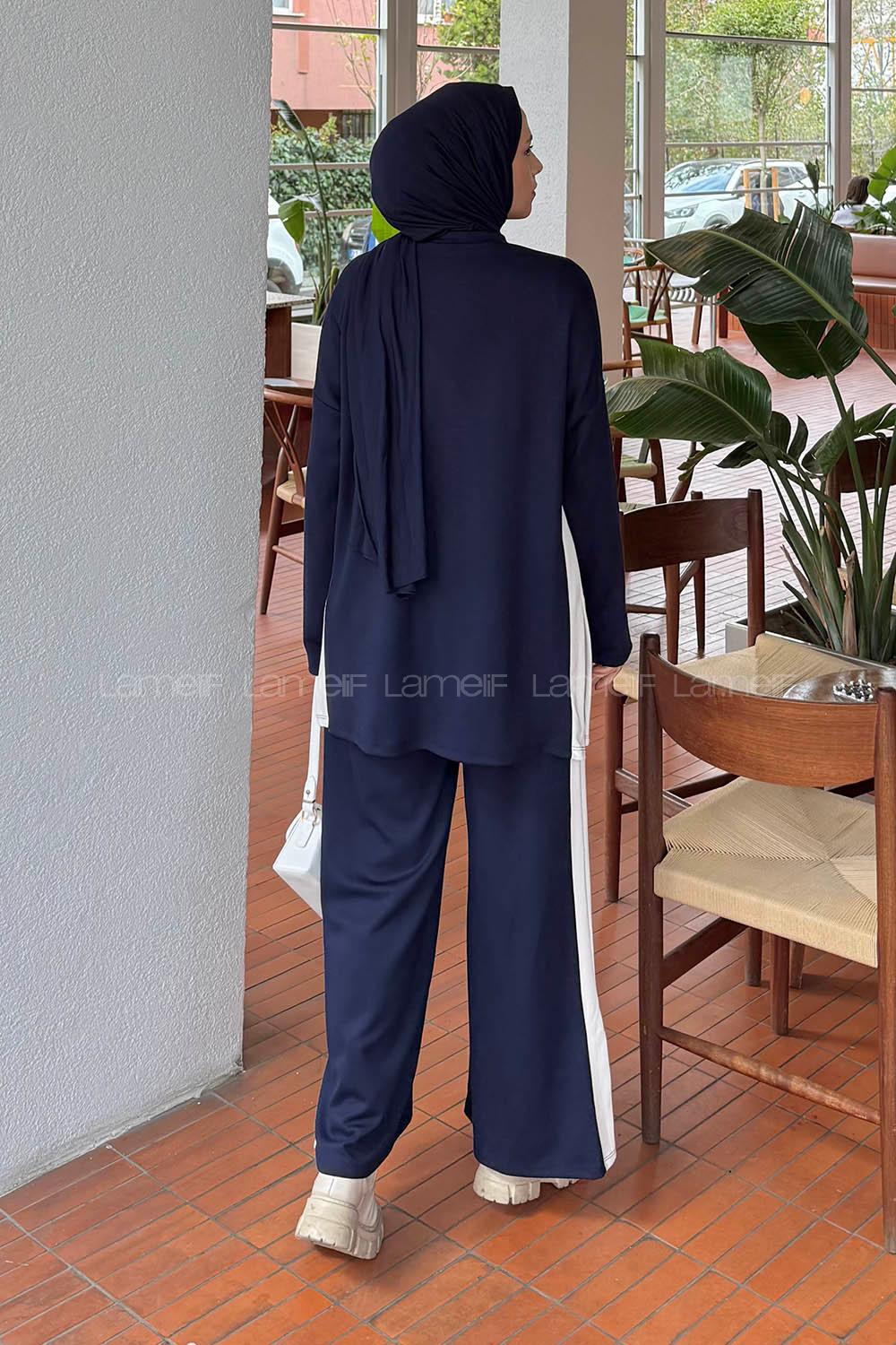 Navy Blue Crew Neck Long Arm Cotton Regular Trousers Comfortable Suit
