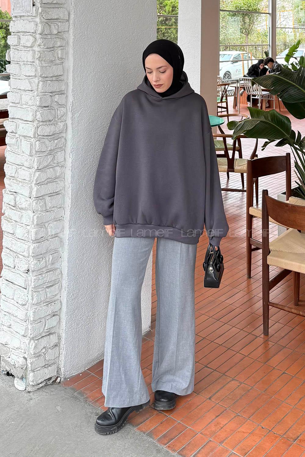 Anthracite Hood Neck Long Arm Unprinted Sweatshirt