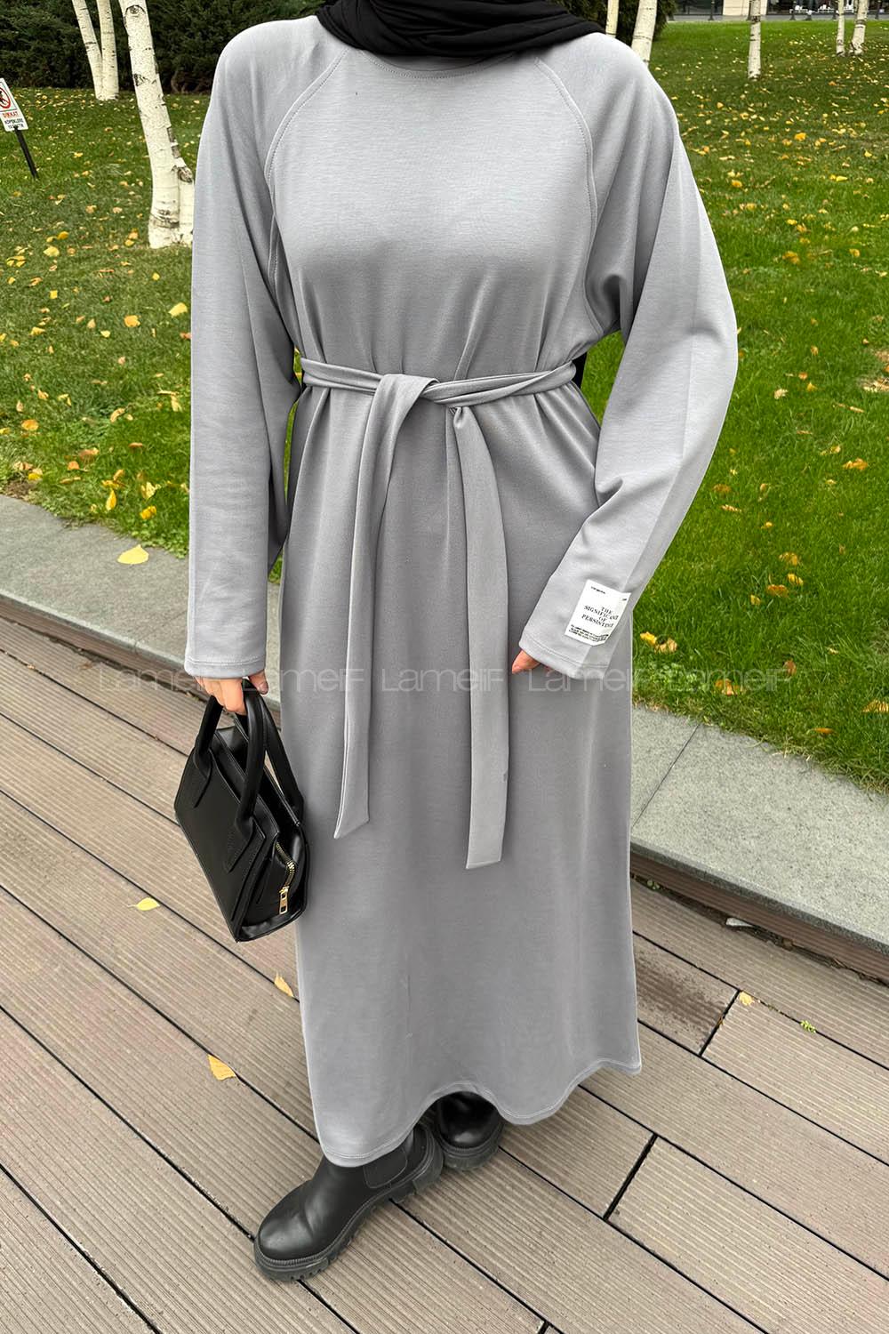 Gray Crew Neck Cotton Elastan Dresess