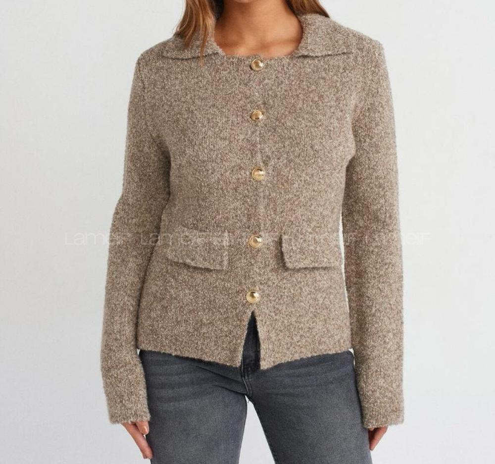 Lamelif Dilvin Polo Yaka Düğmeli Cep Detaylı Triko Hırka-Vizon