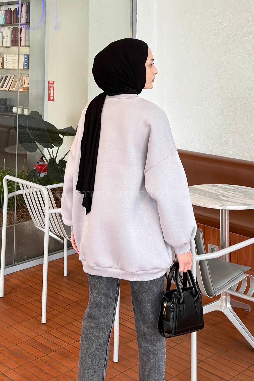 Lamelif Jasmin Bisiklet Yaka Oversize Sweat Açık Gri