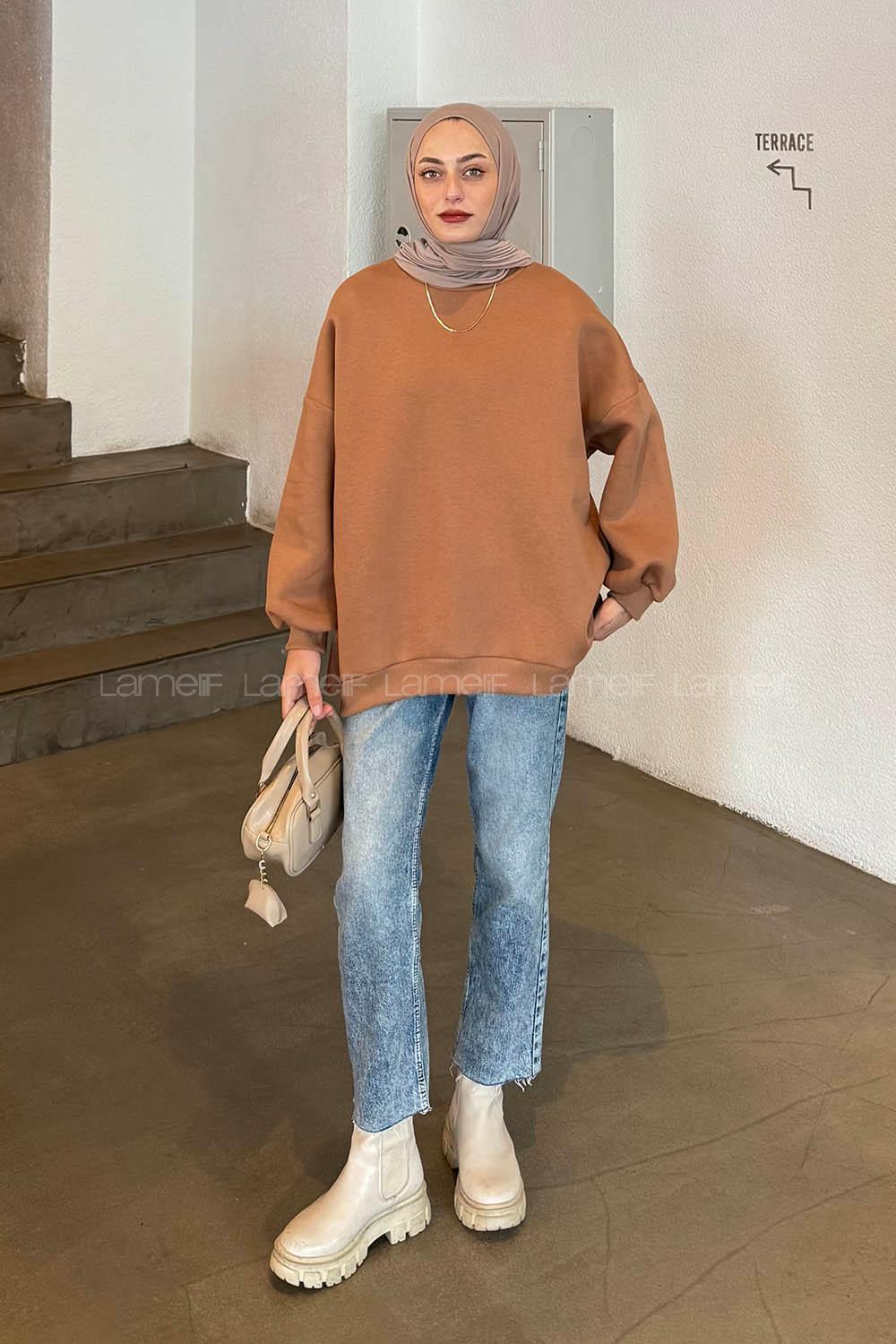 Lamelif Jasmin Bisiklet Yaka Oversize Sweat Camel