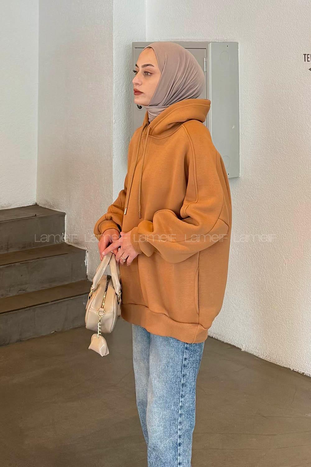 Lamelif Kapşonlu Oversize Yan Cepli Sweat Camel