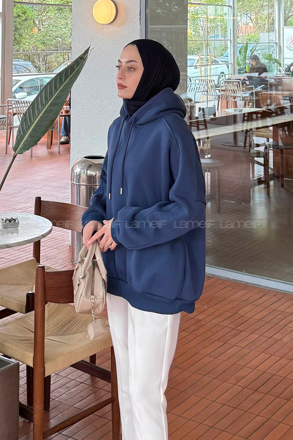Lamelif Kapşonlu Oversize Yan Cepli Sweat İndigo