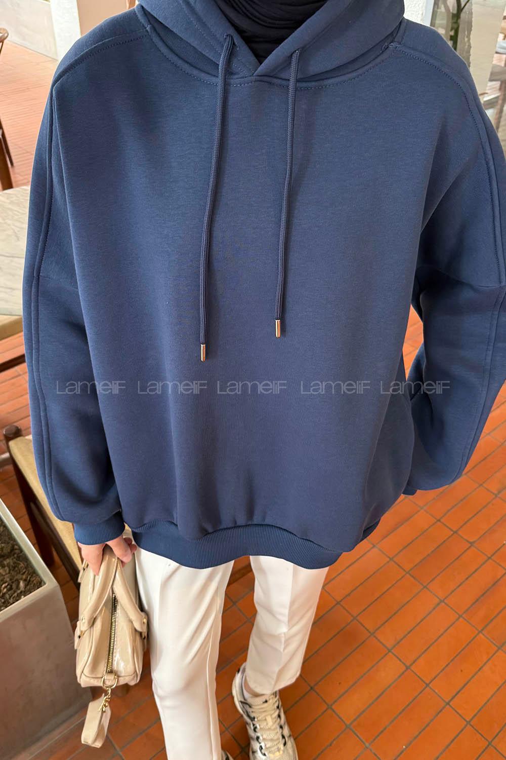 Lamelif Kapşonlu Oversize Yan Cepli Sweat İndigo