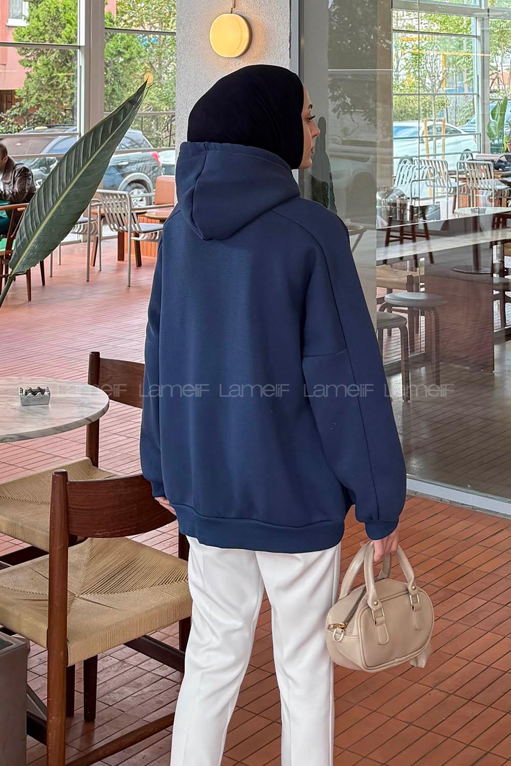 Lamelif Kapşonlu Oversize Yan Cepli Sweat İndigo