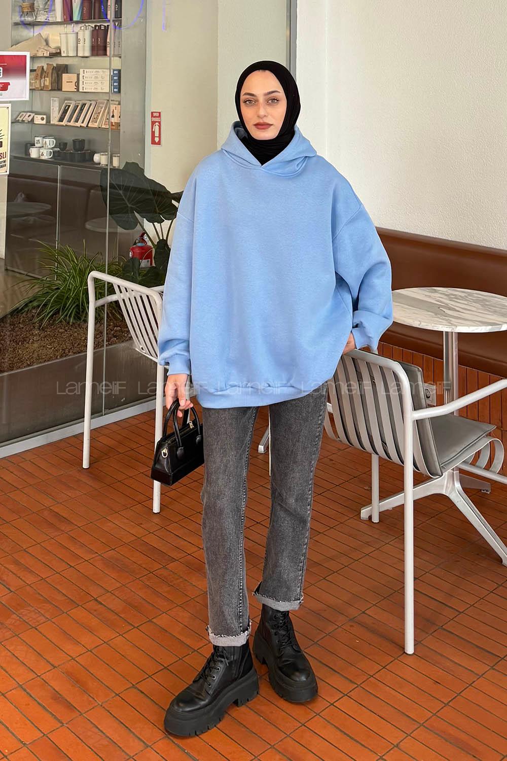 Lamelif Kapüşonlu Salaş Sweatshirt  Bebe Mavisi