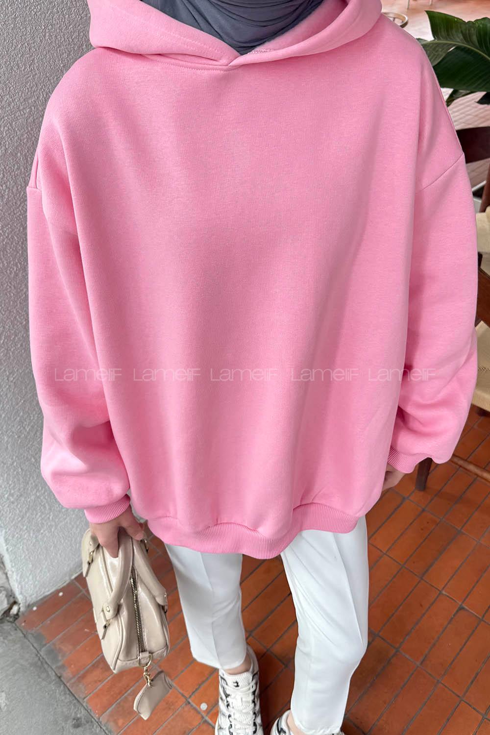Lamelif Kapüşonlu Salaş Sweatshirt Şeker Pembesi