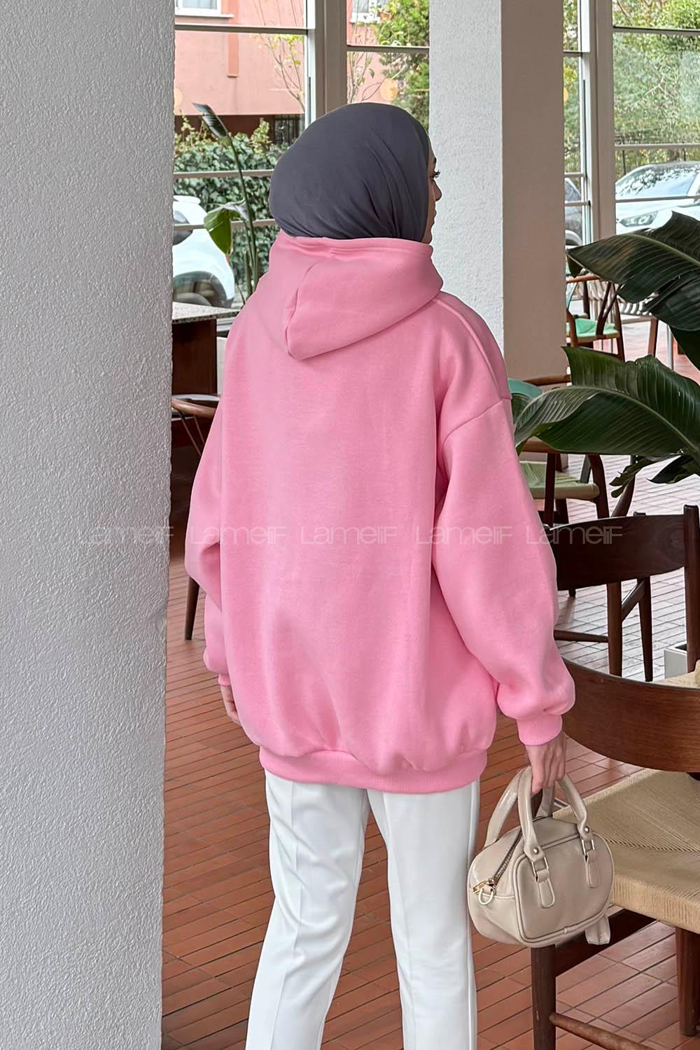 Lamelif Kapüşonlu Salaş Sweatshirt Şeker Pembesi