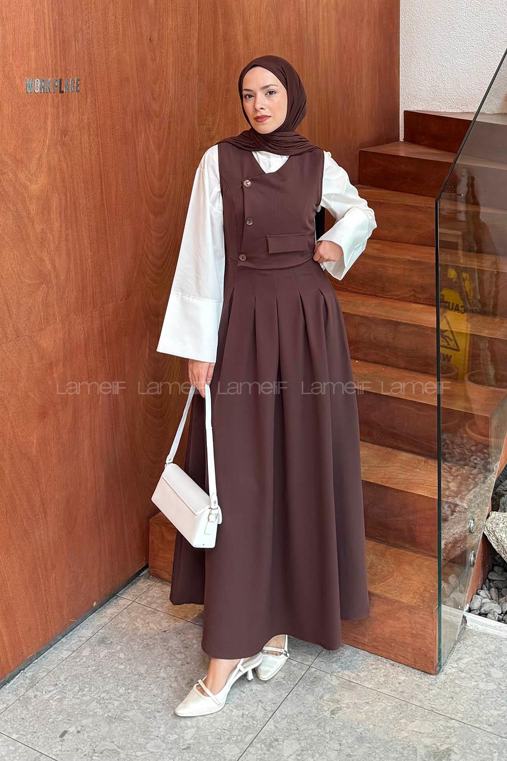 Lamelif Kruvaze Gizli Cep Tesettür Elbise Kahverengi