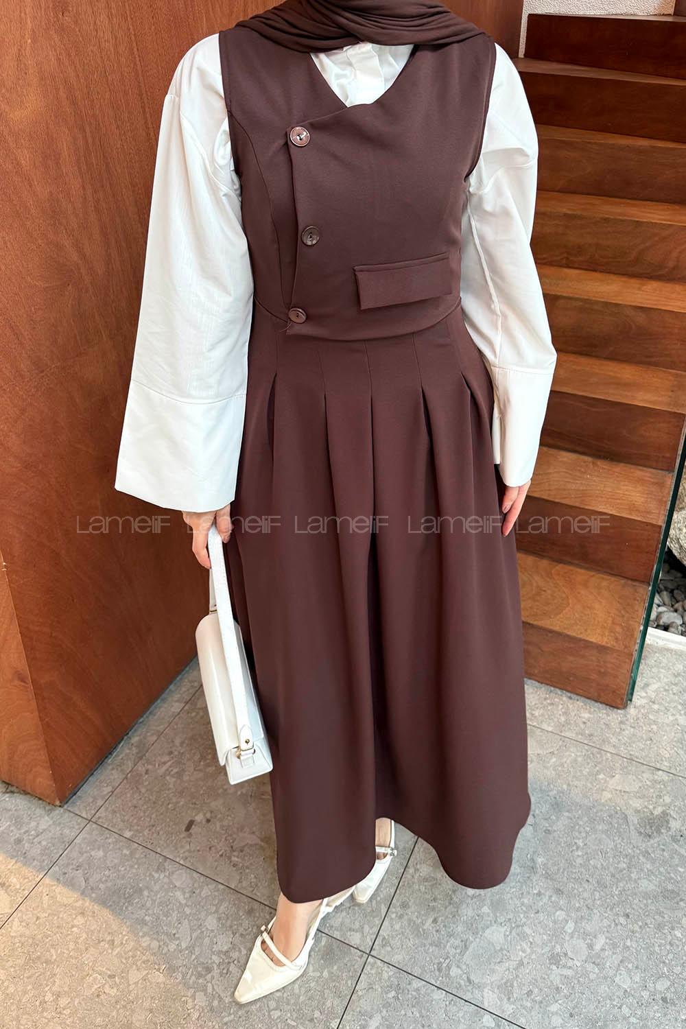 Lamelif Kruvaze Gizli Cep Tesettür Elbise Kahverengi