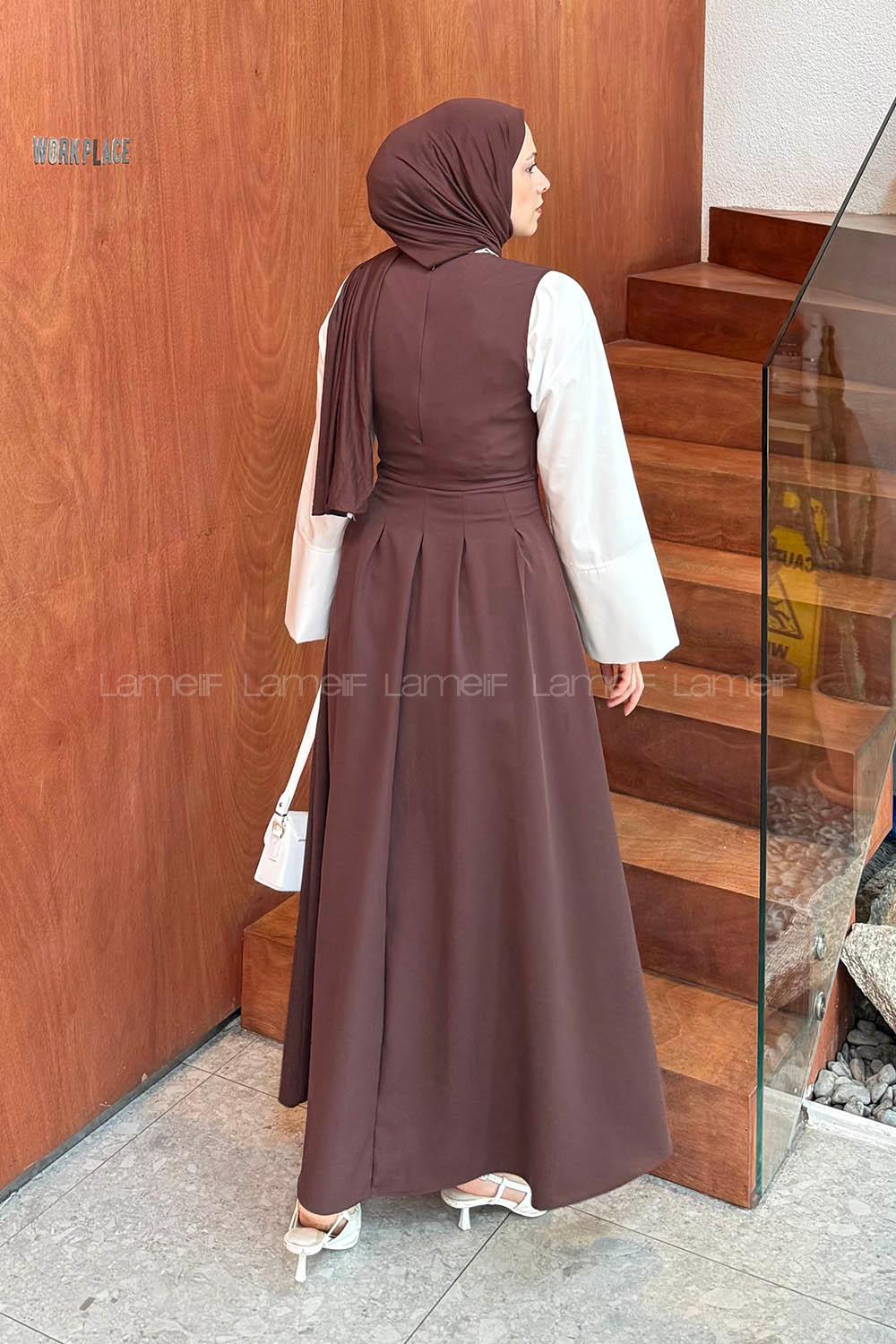 Lamelif Kruvaze Gizli Cep Tesettür Elbise Kahverengi
