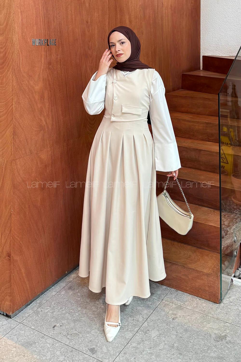 Lamelif Kruvaze Gizli Cep Tesettür Elbise Krem