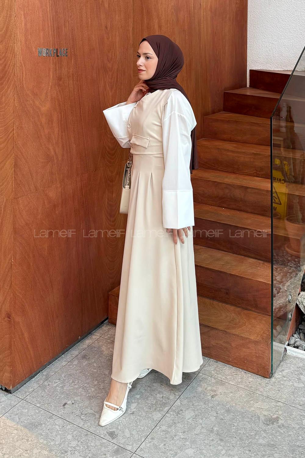 Lamelif Kruvaze Gizli Cep Tesettür Elbise Krem