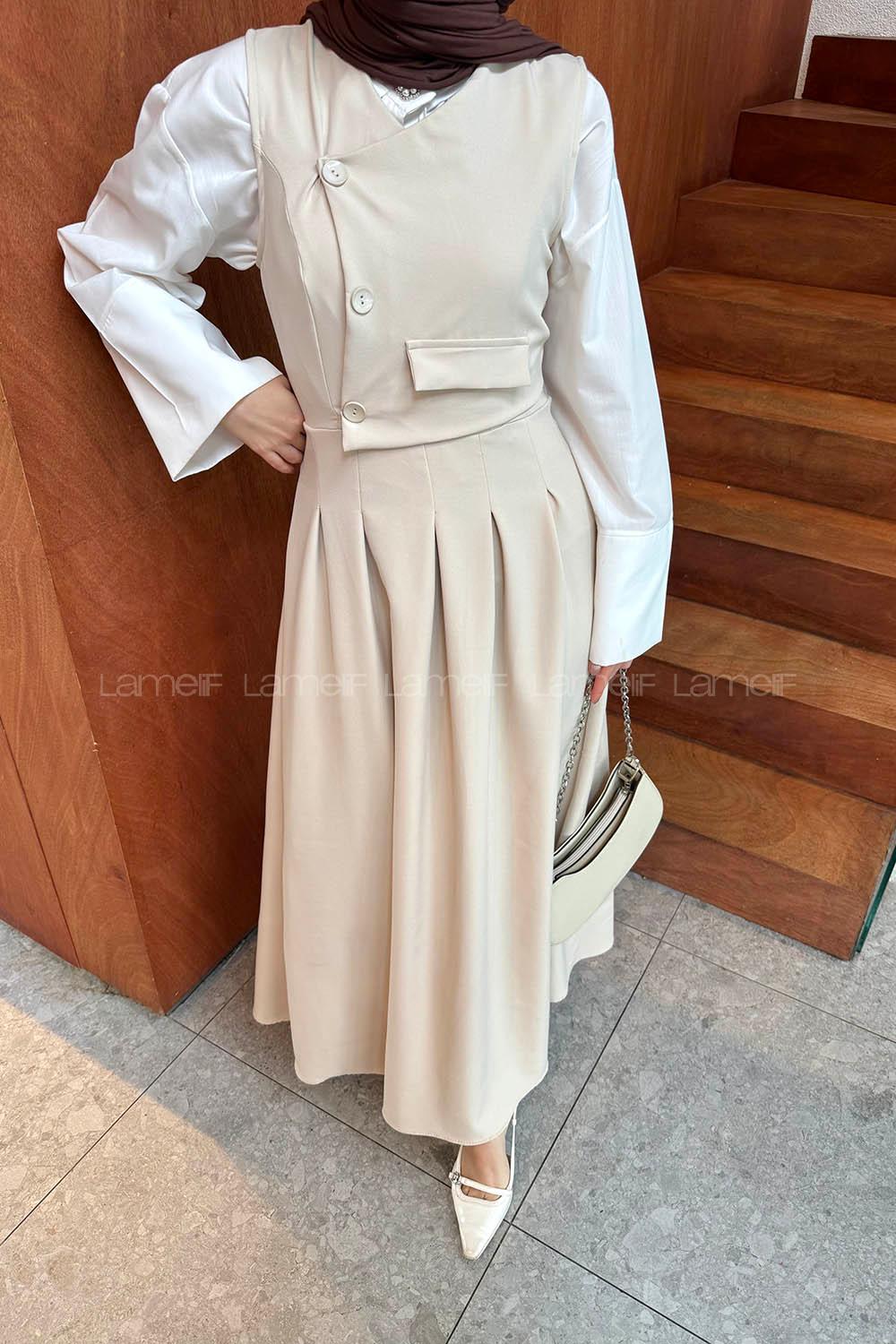 Lamelif Kruvaze Gizli Cep Tesettür Elbise Krem