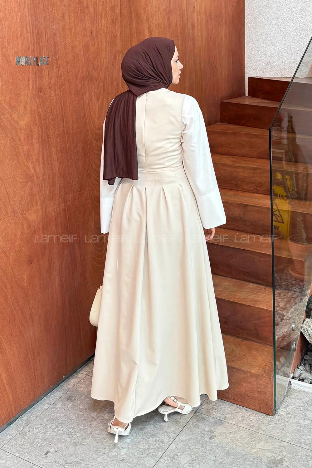 Lamelif Kruvaze Gizli Cep Tesettür Elbise Krem