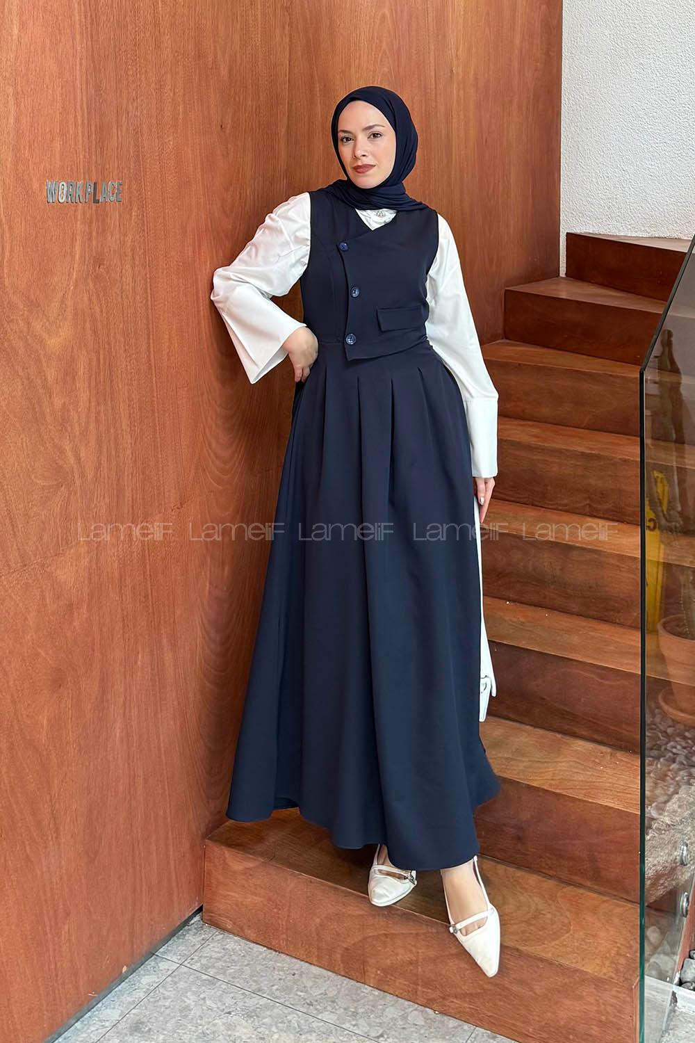 Lamelif Kruvaze Gizli Cep Tesettür Elbise Lacivert