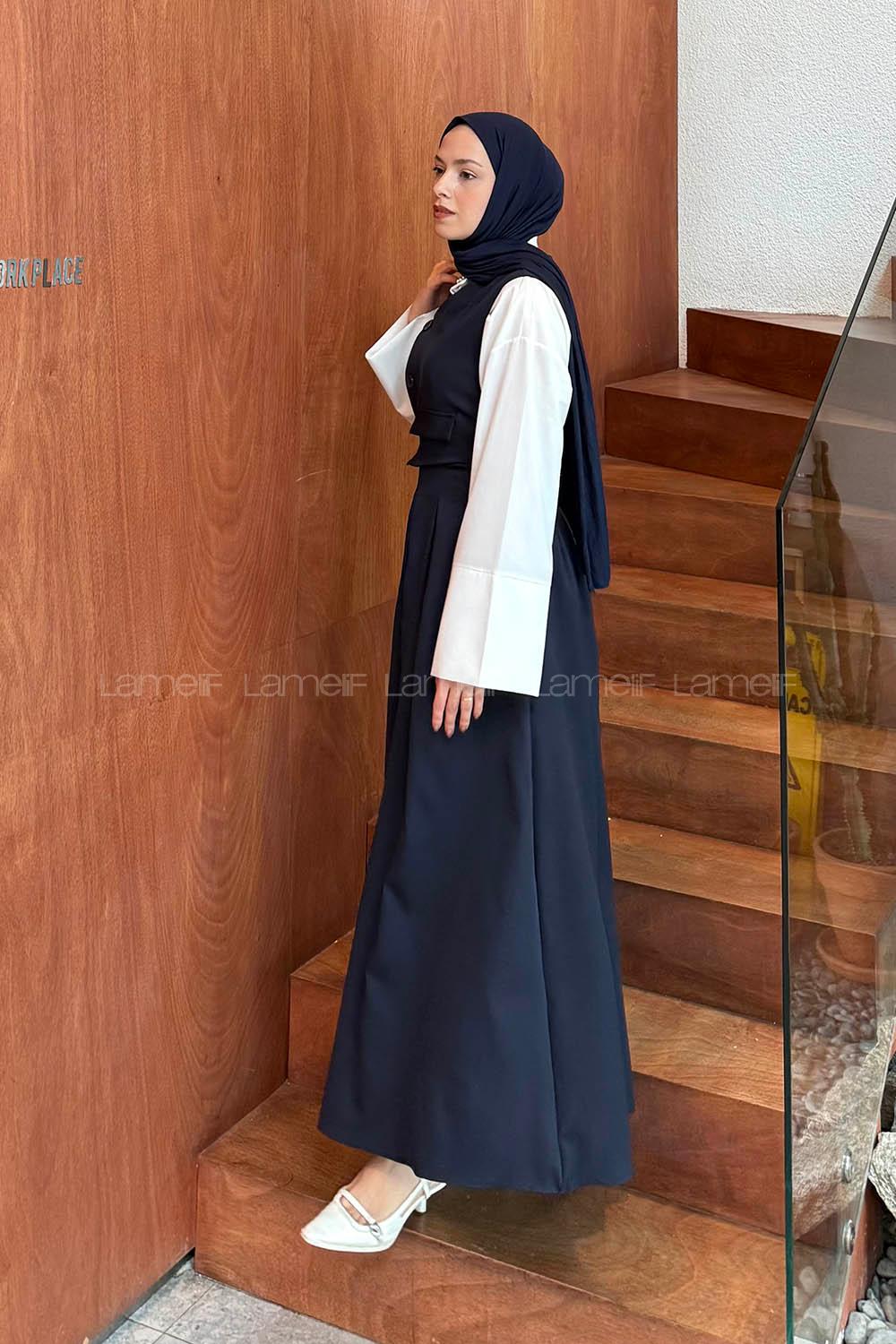 Lamelif Kruvaze Gizli Cep Tesettür Elbise Lacivert