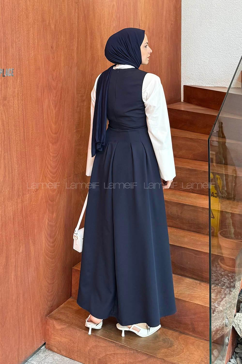 Lamelif Kruvaze Gizli Cep Tesettür Elbise Lacivert