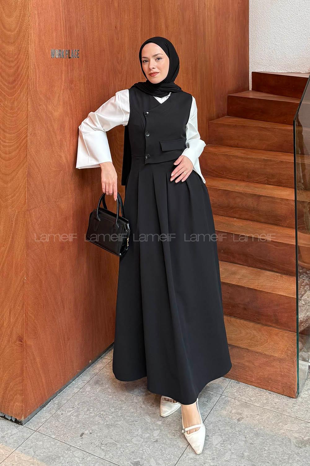 Lamelif Kruvaze Gizli Cep Tesettür Elbise Siyah