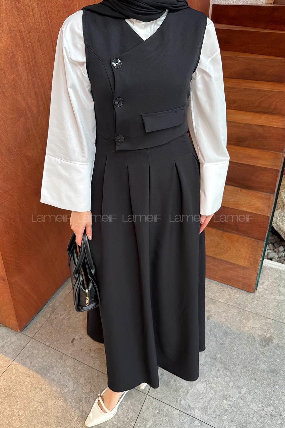 Lamelif Kruvaze Gizli Cep Tesettür Elbise Siyah