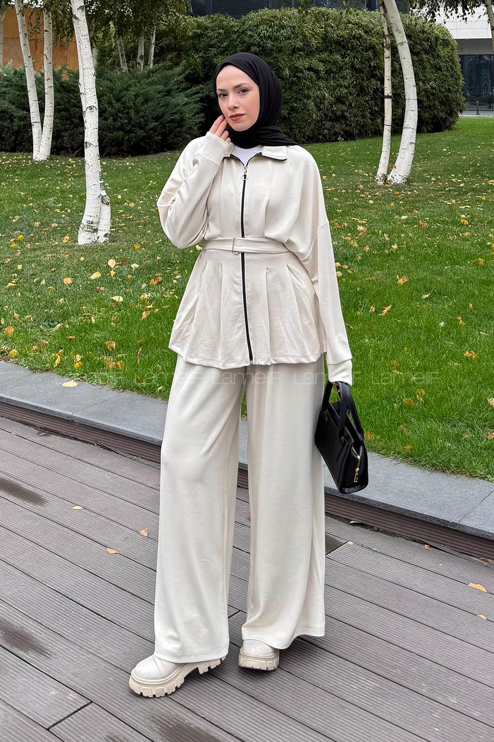 Lamelif Pile Detaylı Takım Krem