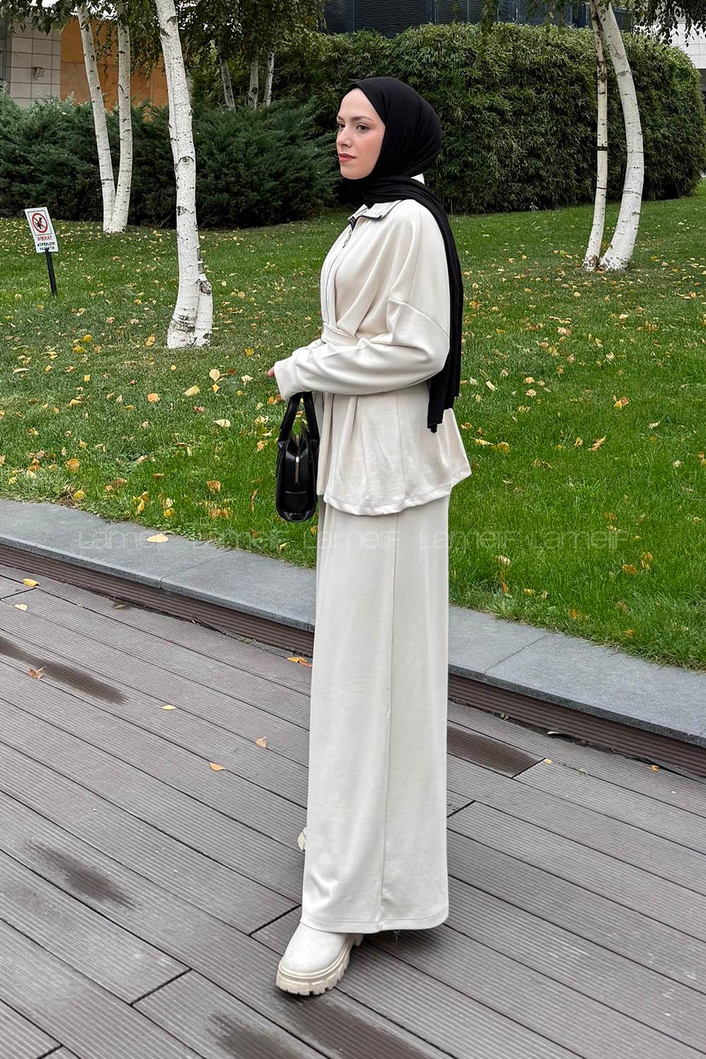 Lamelif Pile Detaylı Takım Krem