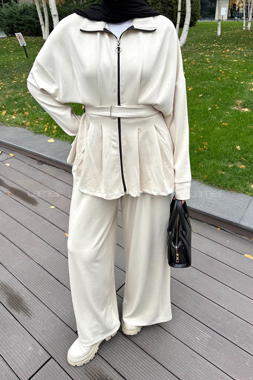 Lamelif Pile Detaylı Takım Krem