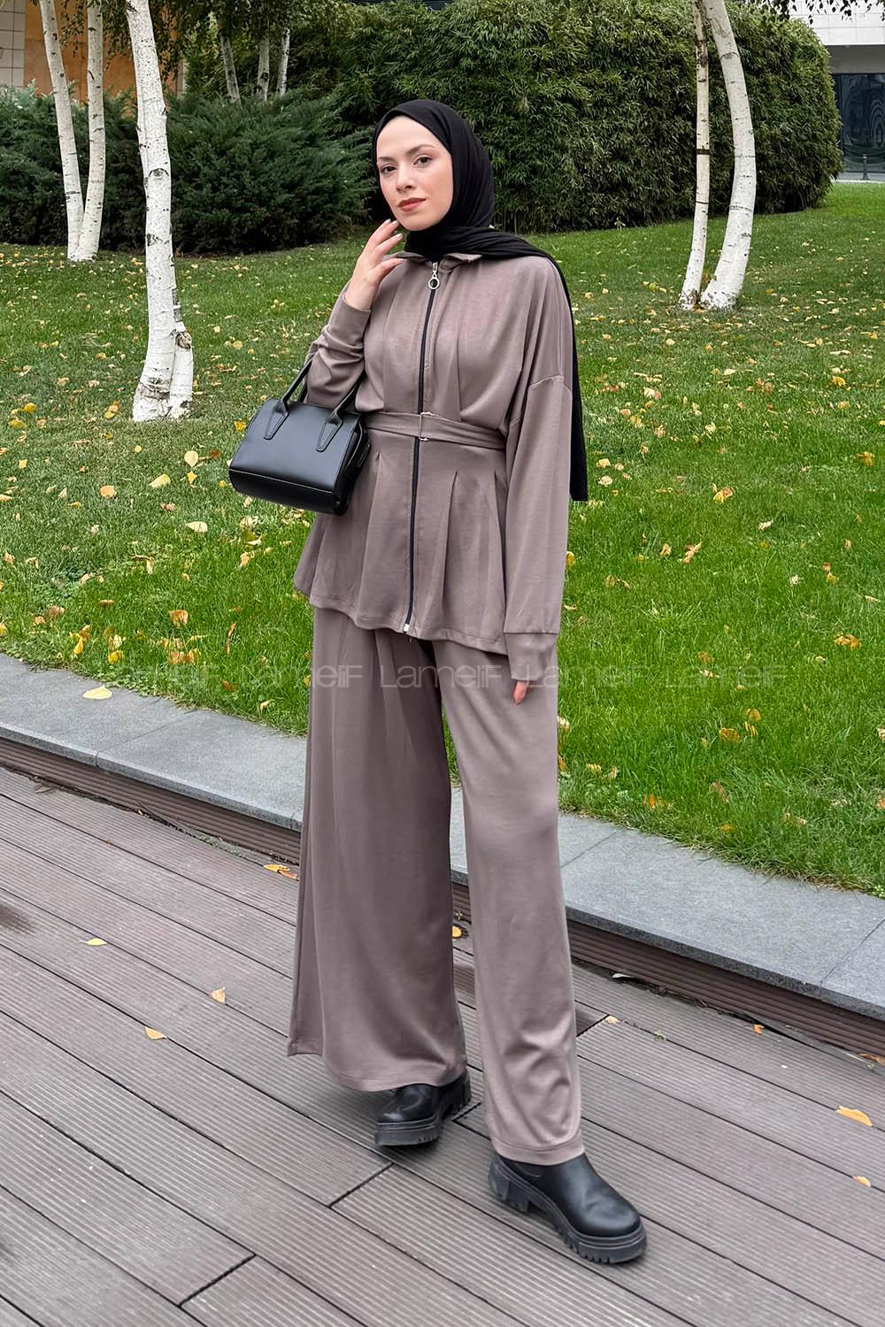 Lamelif Pile Detaylı Takım Soft Kahve