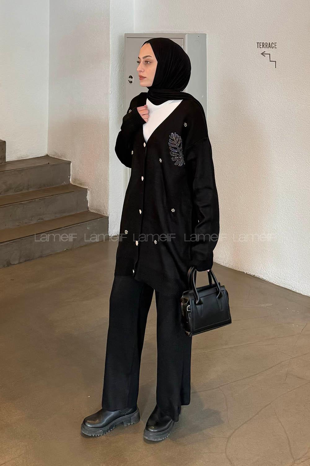 Black V Neck Long Arm Acrylic Knitwear Regular Trousers Comfortable Suit