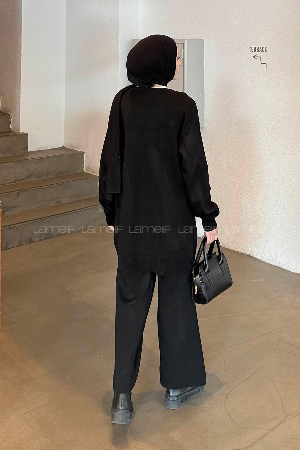 Black V Neck Long Arm Acrylic Knitwear Regular Trousers Comfortable Suit