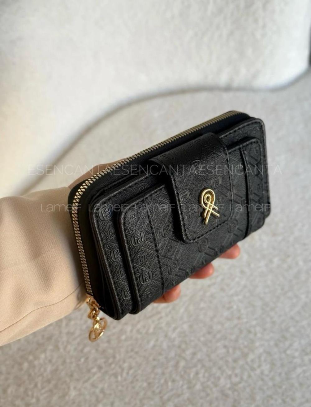 Lamelif Çok Gözlü Küçük Boy Bayan Cüzdan - Siyah Dokulu